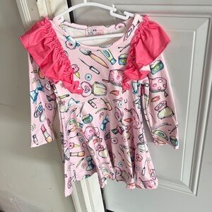 Pink Ruffle Dress with Makeup Print